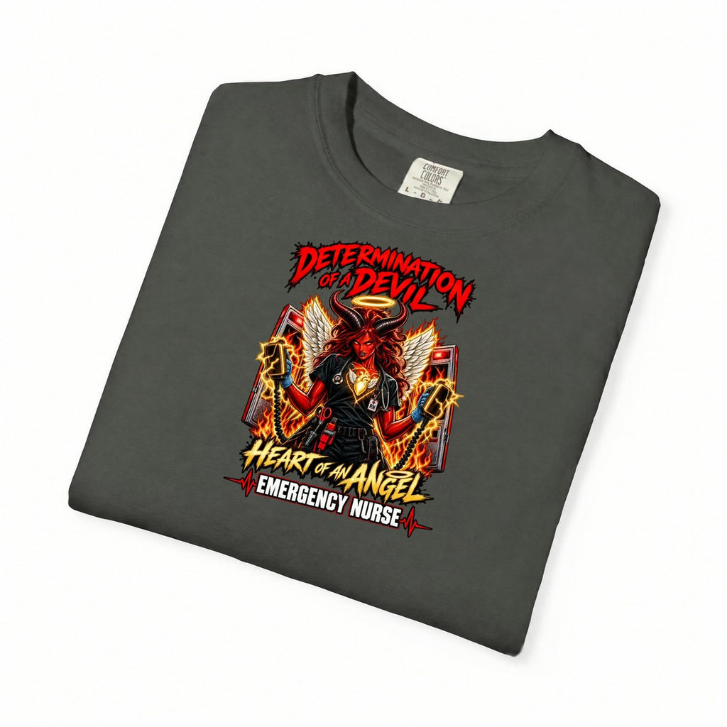 Determination of a Devil Heart of an Angel Emergency Nurse Comfort Colors T-Shirt folded