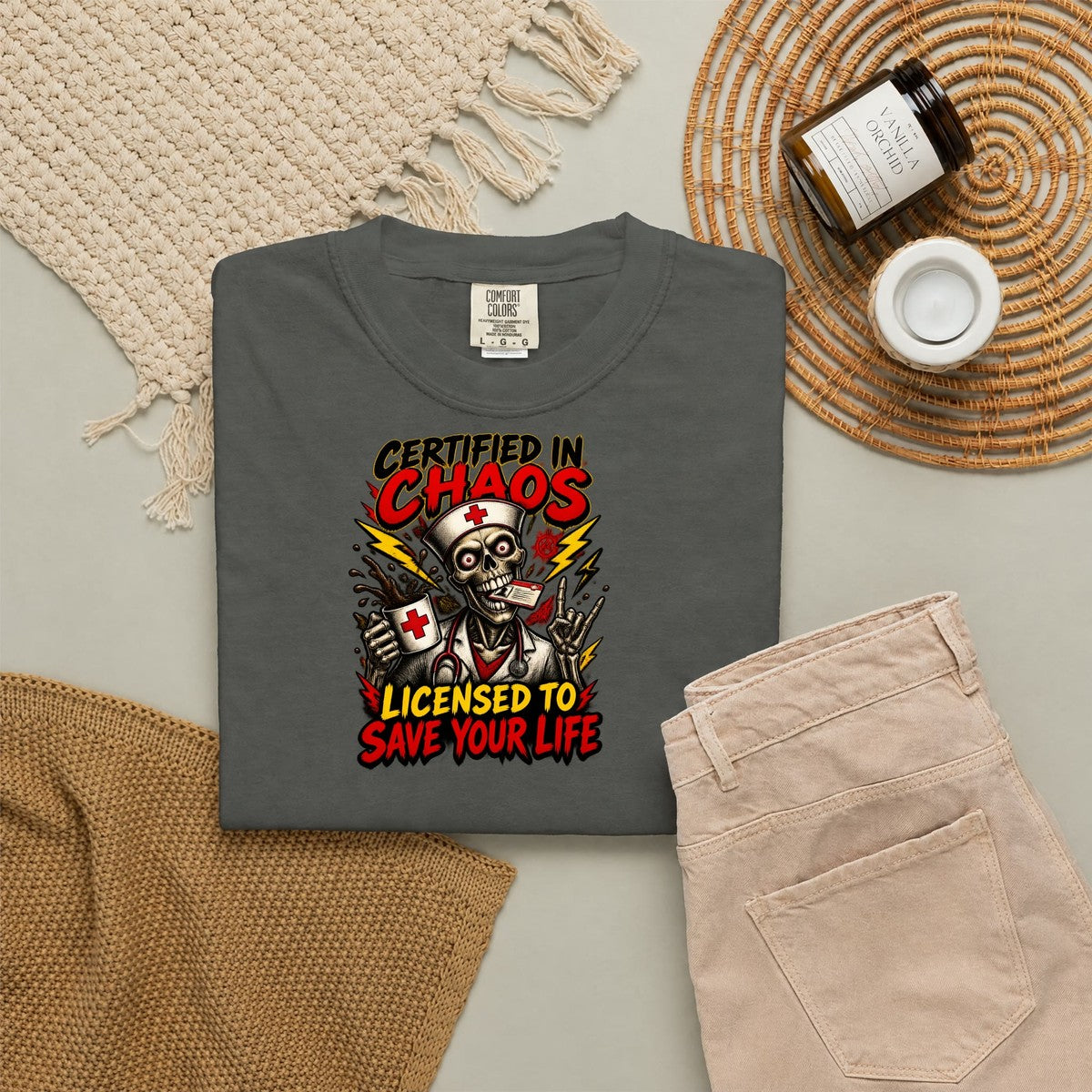 Certified in Chaos Licensed to Save Your Life Skeleton Funny Nurse Comfort Colors T-Shirt folded