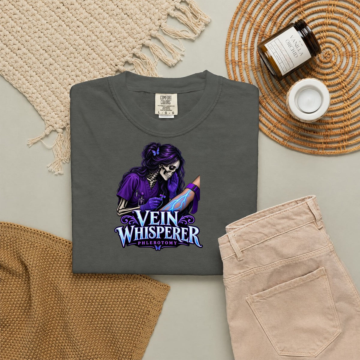 Vein Whisperer Skeleton Phlebotomist Comfort Colors T-Shirt folded