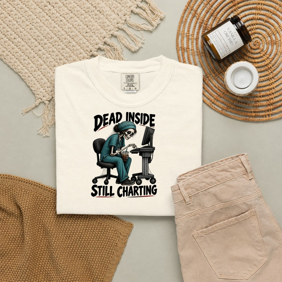 Dead Inside Still Charting Skeleton Funny Nurse Comfort Colors T-Shirt folded