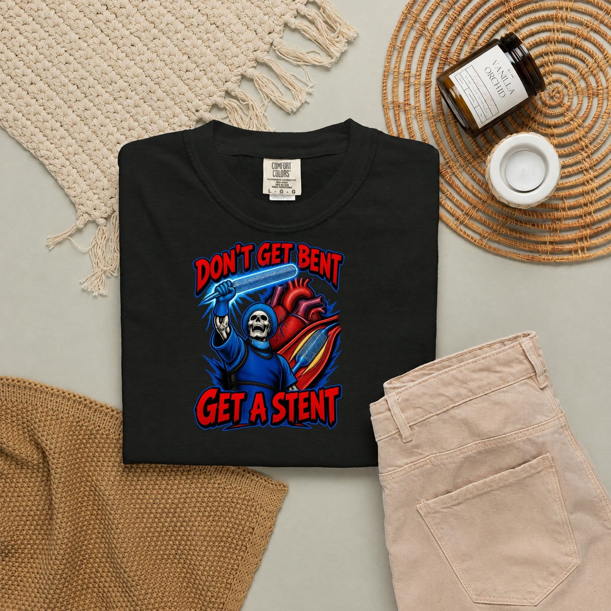 Don't Get Bent Get a Stent Skeleton Cardiac Nurse Comfort Colors T-Shirt folded