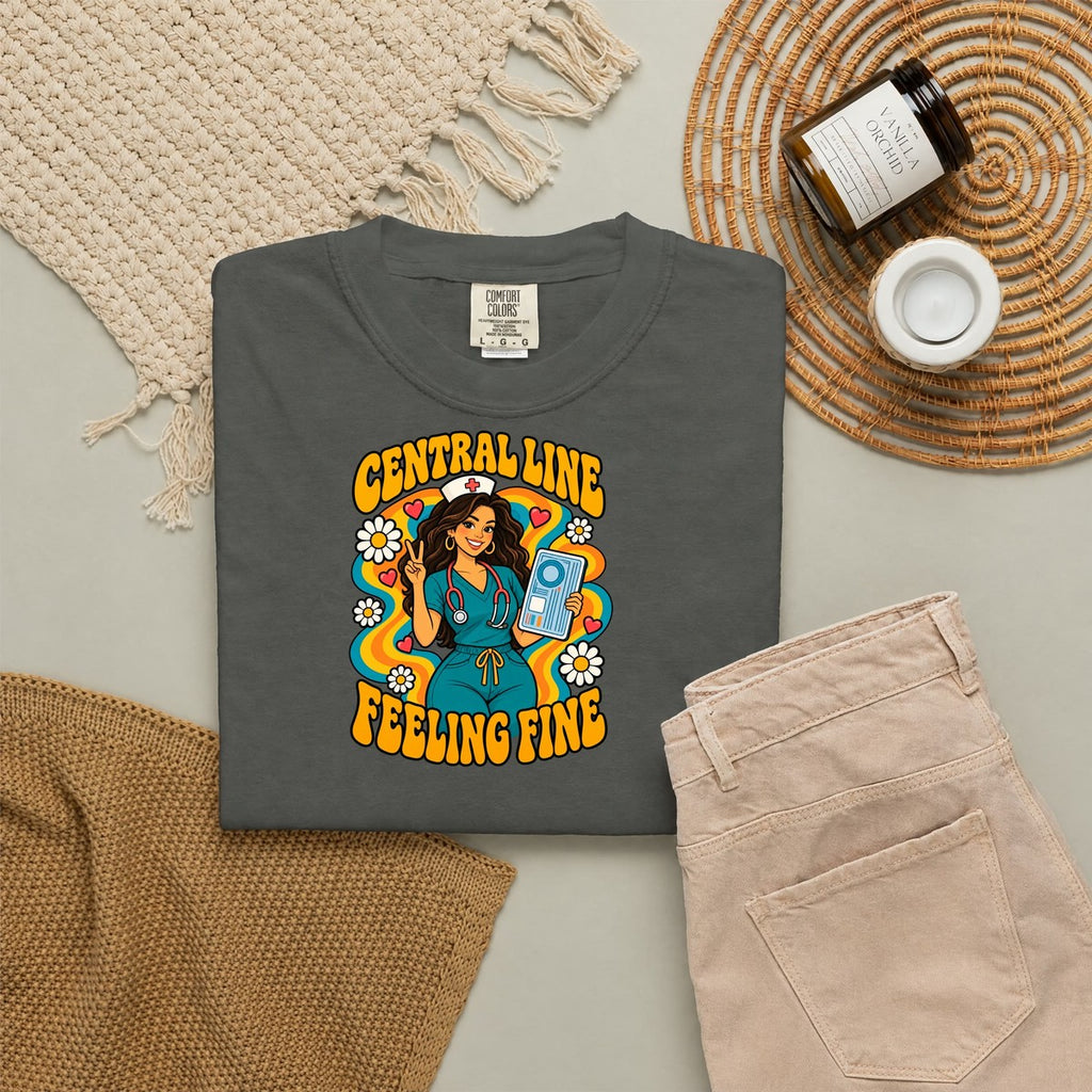 Central Line Feeling Fine ICU Nurse Tee (Long Waves)