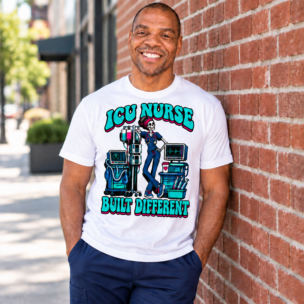 ICU Nurse Built Different skeleton tee worn by Walter, RN