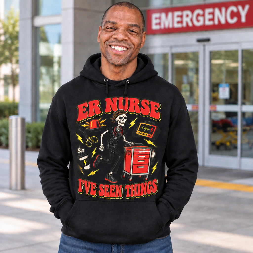ER Nurse I've Seen Things skeleton hoodie worn by Walter, RN