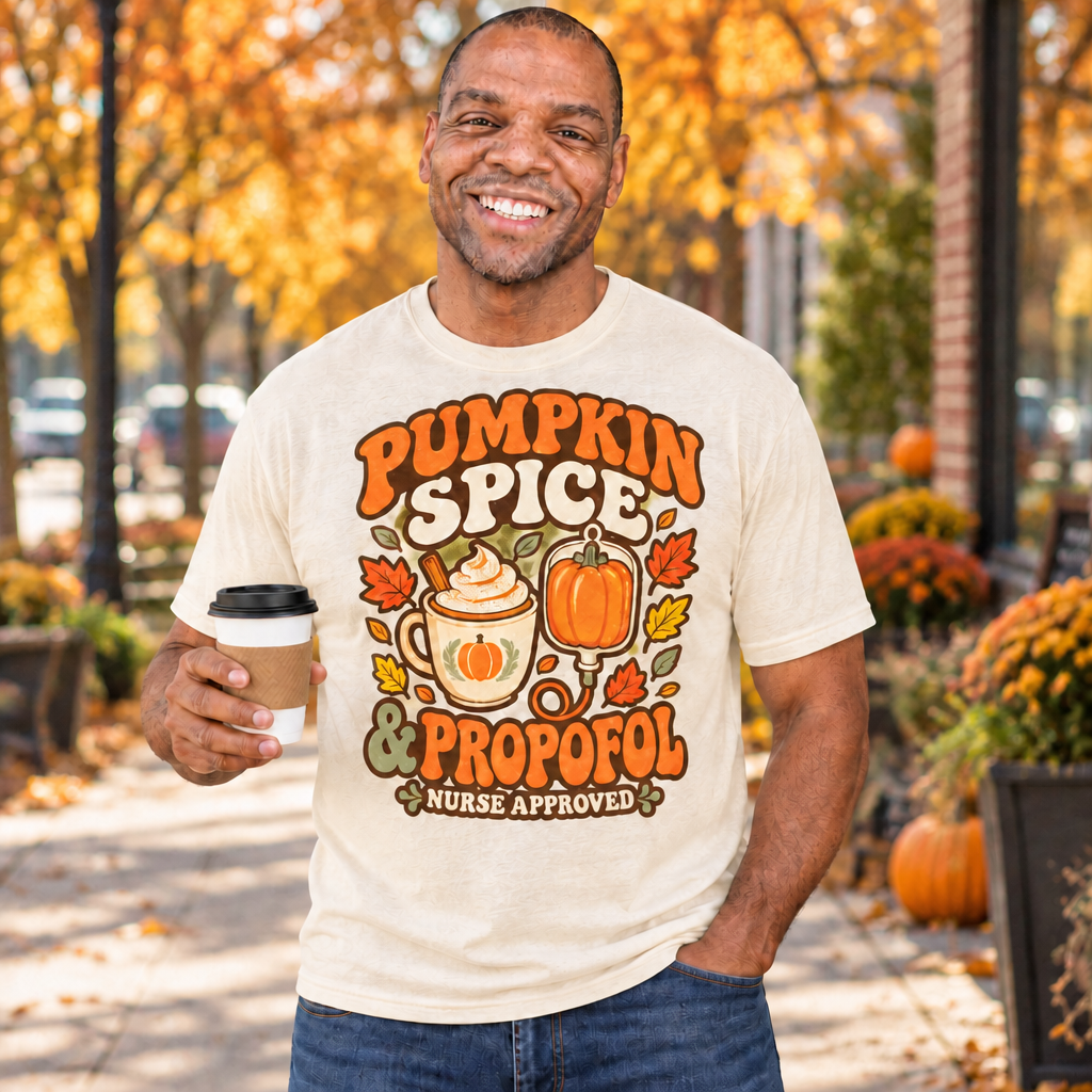Pumpkin Spice & Propofol tee worn by Walter, RN